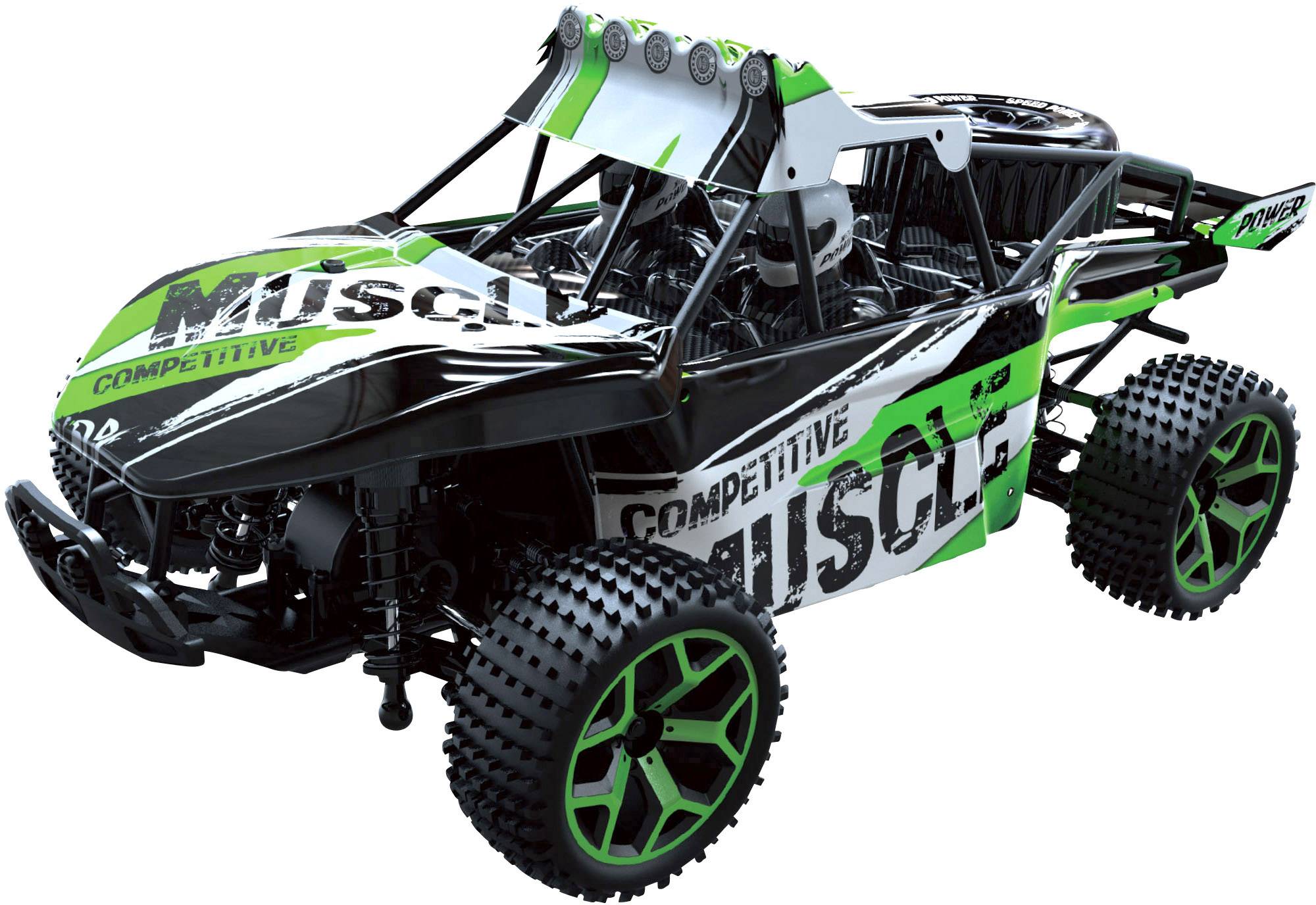 Samochód zdalnie sterowany w stylu terenowym z agresywnym designem, zielonymi i czarnymi akcentami, solidnymi kołami oraz ozdobną ramą podwozia.
