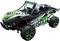 Samochód zdalnie sterowany w stylu terenowym z agresywnym designem, zielonymi i czarnymi akcentami, solidnymi kołami oraz ozdobną ramą podwozia.