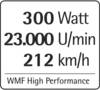 300 W, 23.000 obr./min, 212 km/h w prostokącie. Poniżej: 'WMF High Performance'.