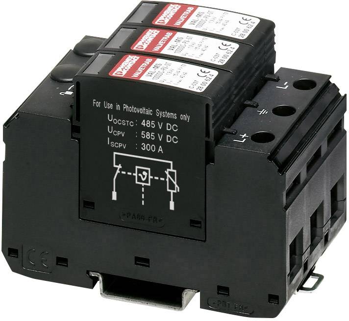 Elektryczny ogranicznik przepięć do systemów fotowoltaicznych, z parametrami technicznymi na przedniej stronie: Uocstc 485 V DC, Ucpv 585 V DC, Iscpv 300 A.