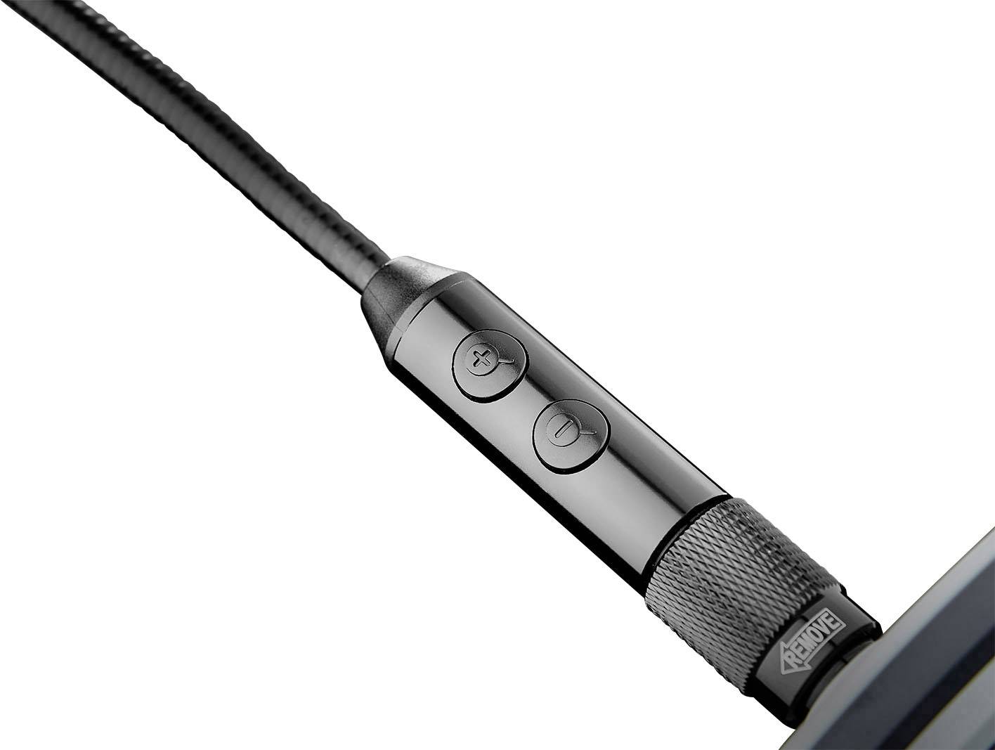 Czarny kabel audio z regulacją głośności i mikrofonem. Widoczne są dwa przyciski, jeden z symbolem plus, a drugi z symbolem mikrofonu.