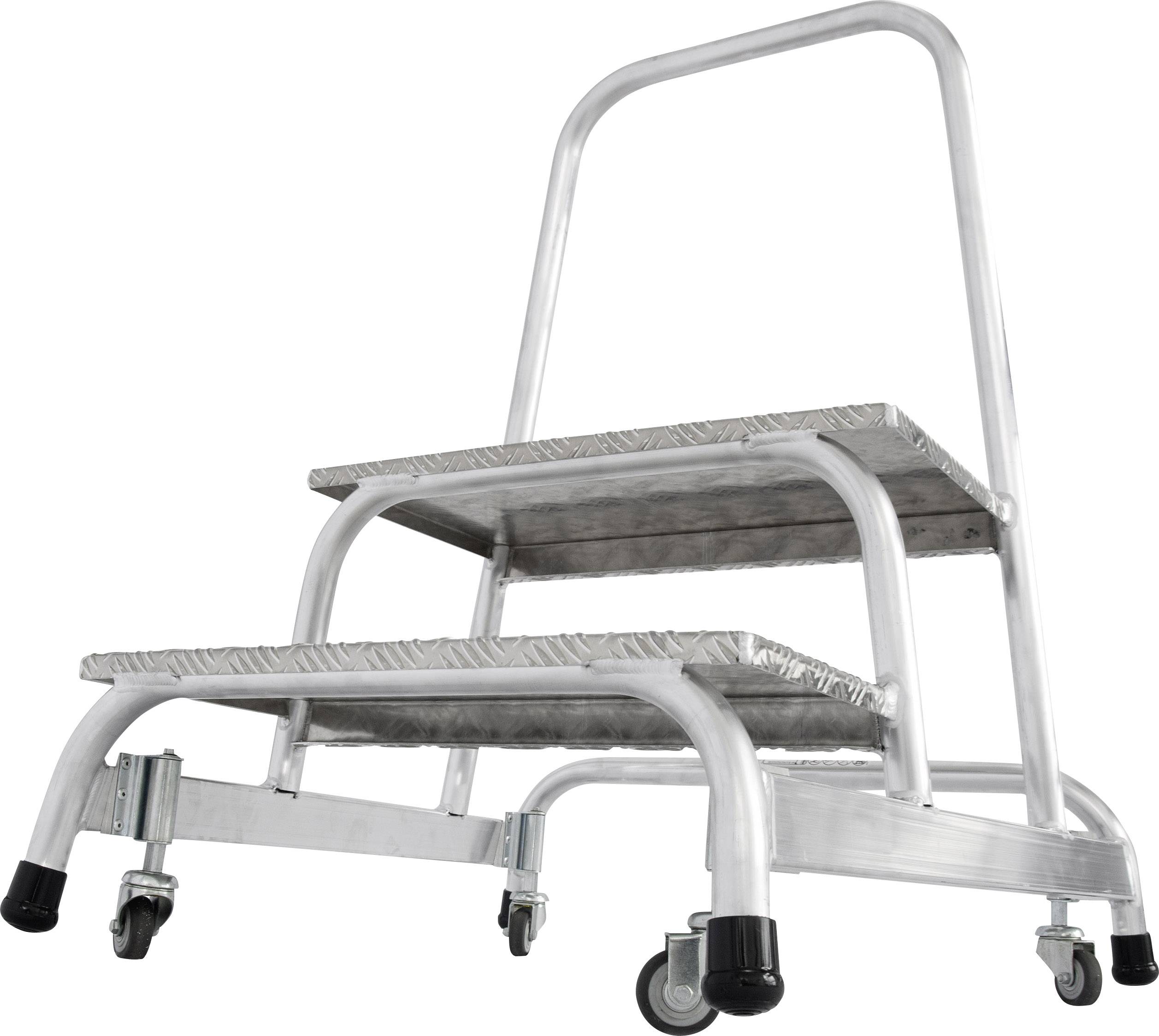 Taczka metalowa z dwoma poziomami i uchwytem, zamontowana na kółkach dla łatwej mobilności. Przeznaczona do zastosowań przemysłowych i komercyjnych.