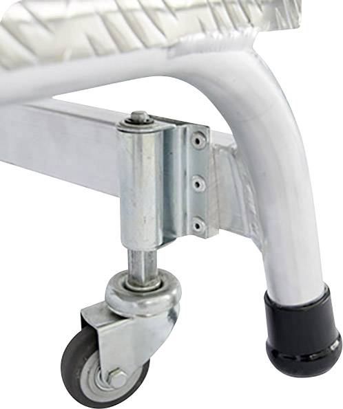 Srebrna metalowa rurka z małym kółkiem i czarnymi nasadkami, zamocowana na większej metalowej ramie.