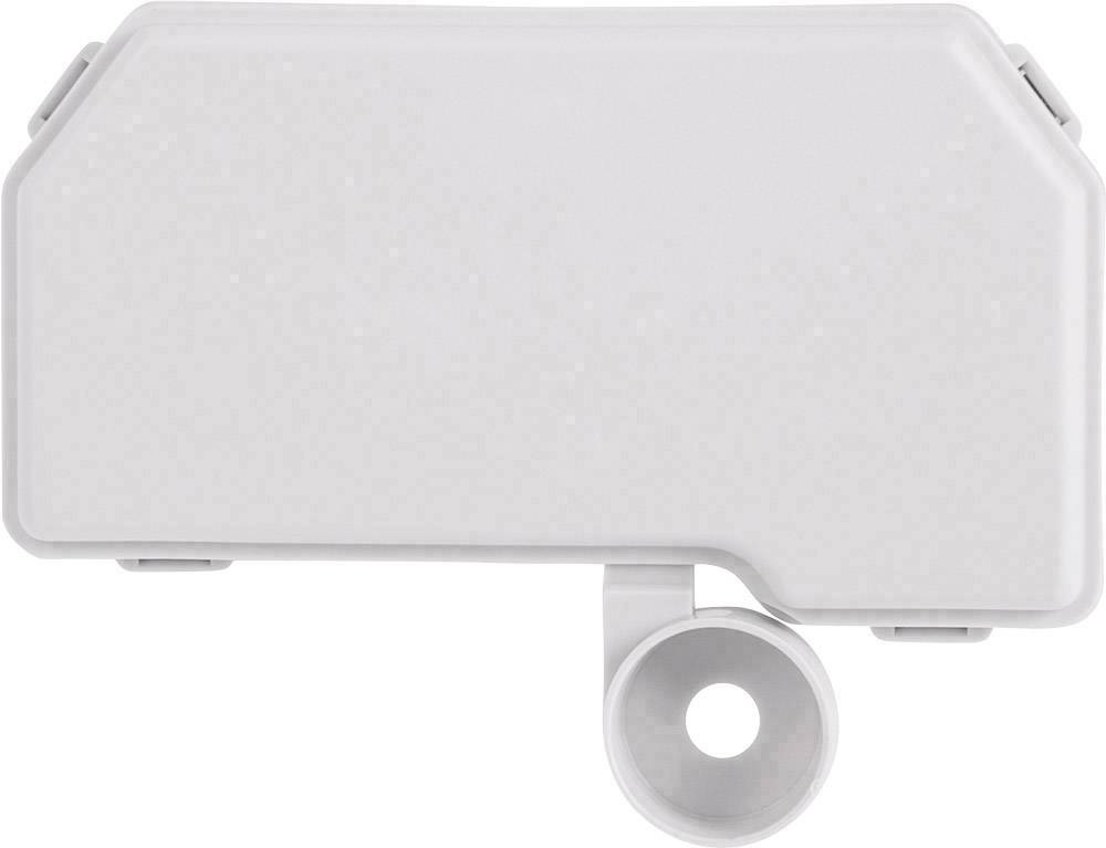 Szary, prostokątny element z tworzywa sztucznego z zaokrąglonym dolnym brzegiem i okrągłym otworem na dolnym końcu.