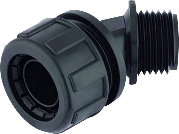 'Czarny plastikowy złącz z ukształtowanym gwintem i żebrowanym uchwytem, prawdopodobnie do przewodów wodnych lub rurowych.'