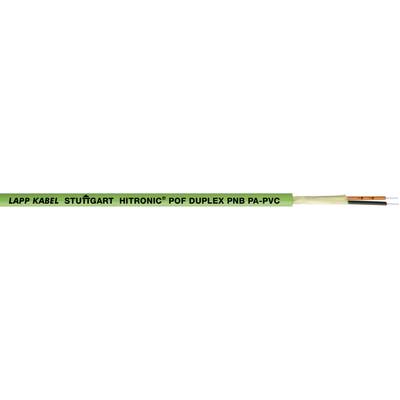 Na zielonym pasku widnieje napis 'Lapp Kabel Stuttgart HITRONIC® POF DUPLEX PN P-PVC'. Obok niego znajduje się kabel w kolorach pomarańczowym i czarnym.