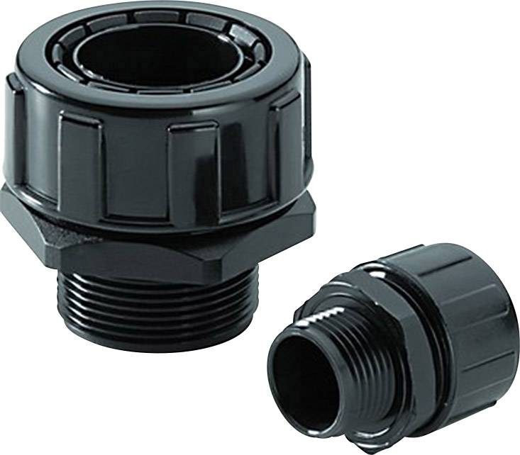 Dwie czarne dławnice kablowe, jedna duża i jedna mała. Wykonane są z tworzywa sztucznego i służą do mocowania oraz uszczelniania przewodów.