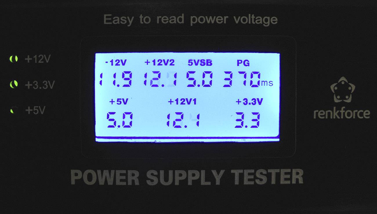 Elektroniczny tester napięcia wskazuje wartości: '-12V: 11,9', '+12V: 12,1', '5VSB: 5,0', 'PG: 370ms', '+5V: 5,0', '-12V: 12,1', '+3,3V: 3,3'.