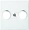 Biała podwójna osłona gniazdka z okrągłym logo pośrodku. Odpowiednia do dwóch gniazd elektrycznych.