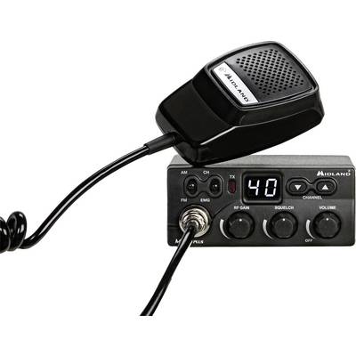 Radiotelefon CB z mikrofonem i wyświetlaczem kanałów wskazującym '40'. Urządzenie posiada pokrętła regulacji głośności, blokady szumów oraz wzmocnienia sygnału RF.