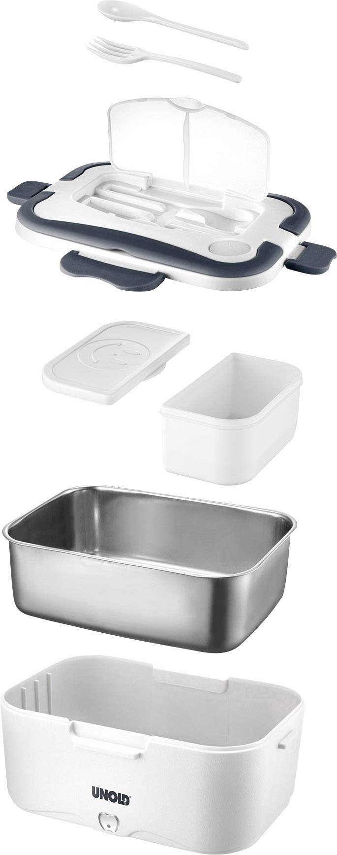 Elektryczna podgrzewana torba śniadaniowa z wyjmowanymi pojemnikami, pokrywką, kieszenią na sztućce i zintegrowanym schowkiem na przewód. Różne komponenty można układać jeden na drugim.