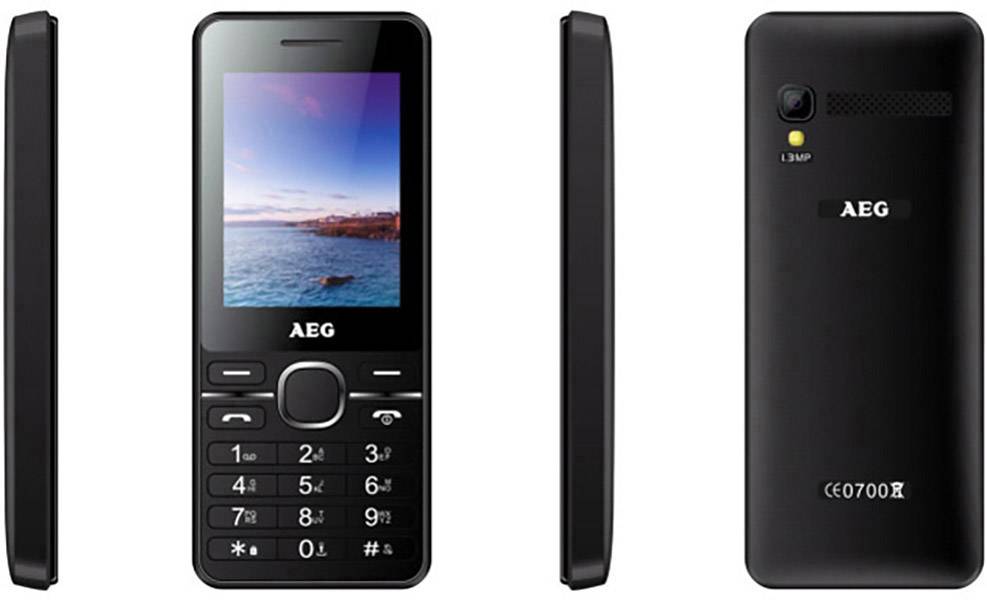 Prosty telefon komórkowy firmy AEG, przedstawiony z przodu i z tyłu. Posiada fizyczne przyciski oraz małą kamerę z tyłu urządzenia.