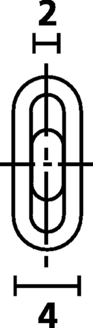 Rysunek wymiarowy z hakiem z dwoma pionowymi i poziomymi wymiarami: '2' u góry, 'H' pośrodku, '4' u dołu. Przedstawiony w formie elipsy.