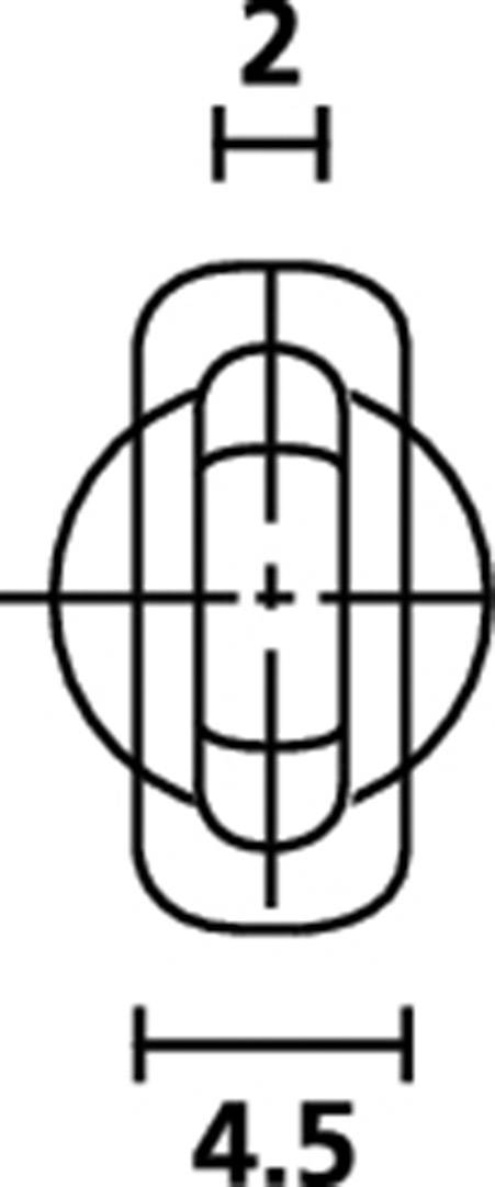 Rysunek techniczny prostokątnego obiektu z zaokrąglonymi narożnikami, otoczonego kołem. Wymiary: szerokość 2, wysokość 4,5.