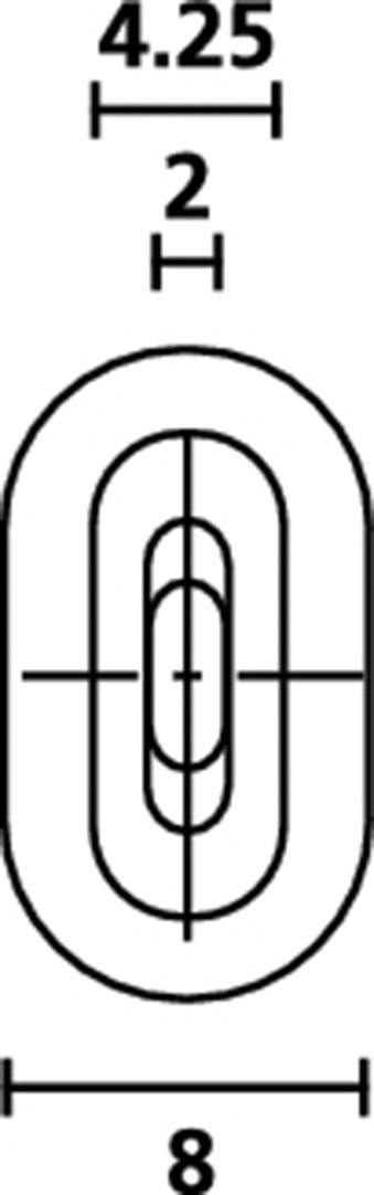 Łącznik stalowy o wymiarach: długość 8, szerokość 4,25 i grubość 2 milimetry. Widok diagramowy z osiami centralnymi.