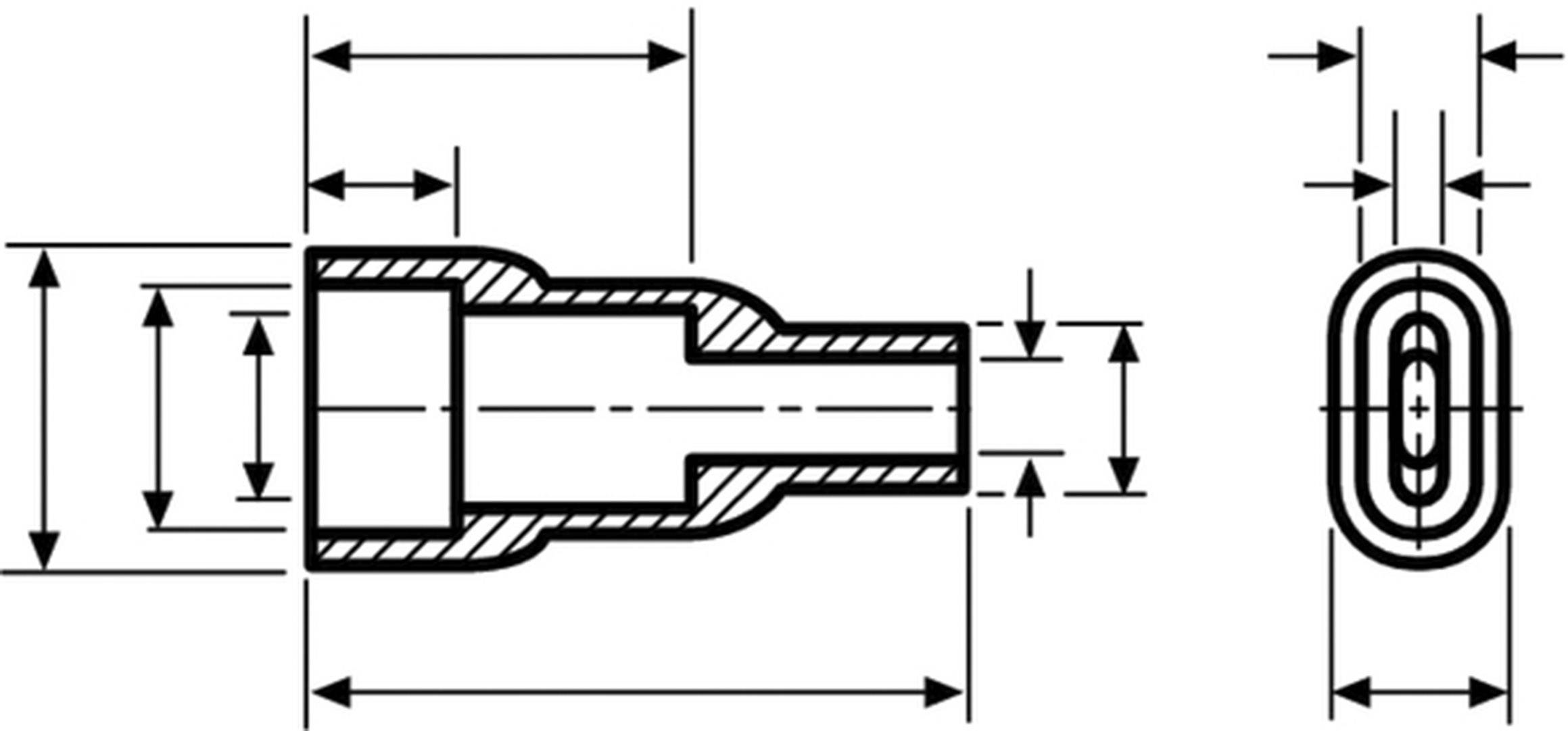 Rysunek techniczny złącza elektrycznego z wymiarami w różnych widokach, prezentujący szczegóły długości i średnicy.