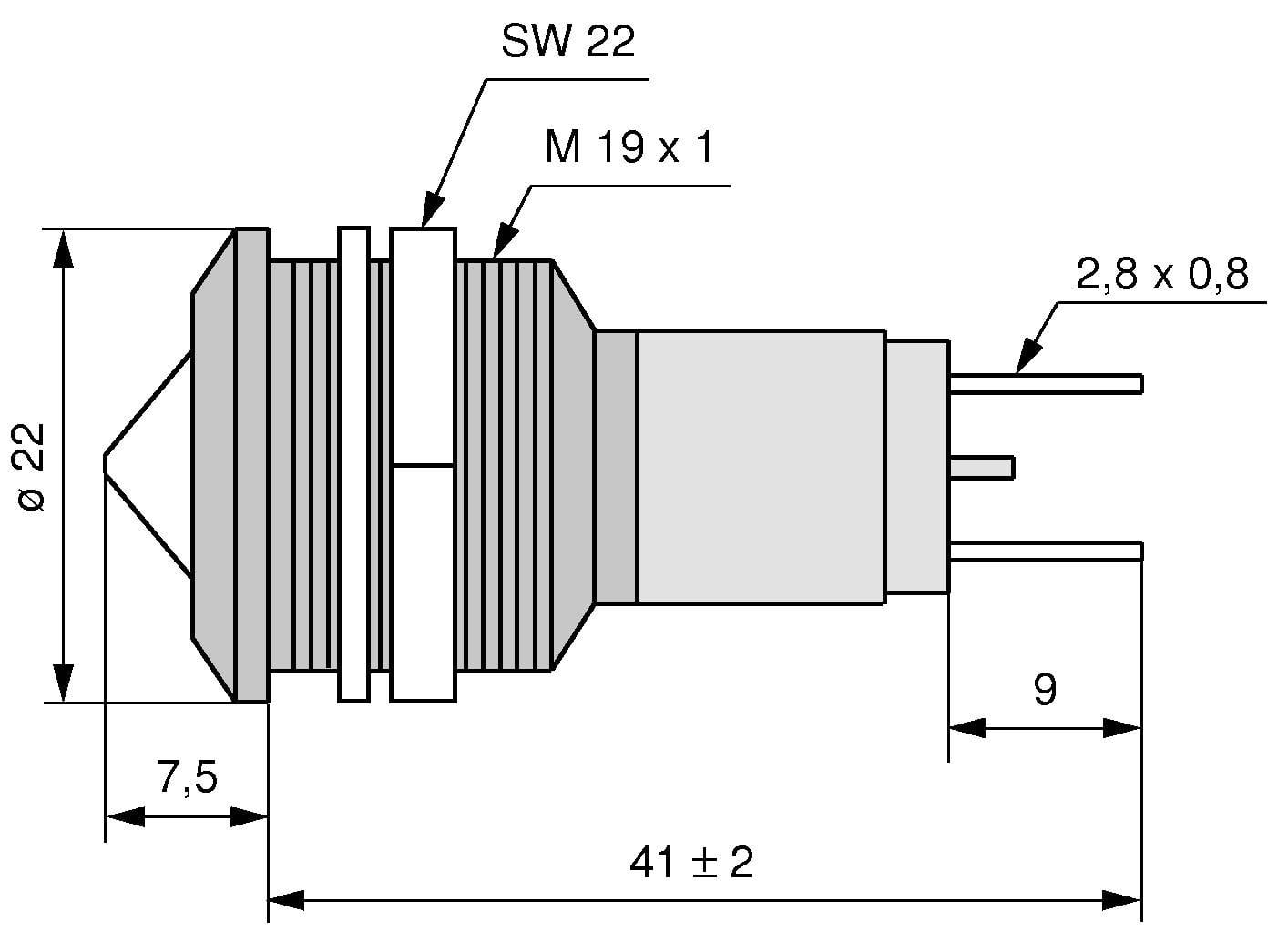 Rysunek techniczny części cylindrycznej z wymiarami: długość 41 ± 2 mm, średnica 22 mm, gwint M 19 x 1, styki 2,8 x 0,8 mm.