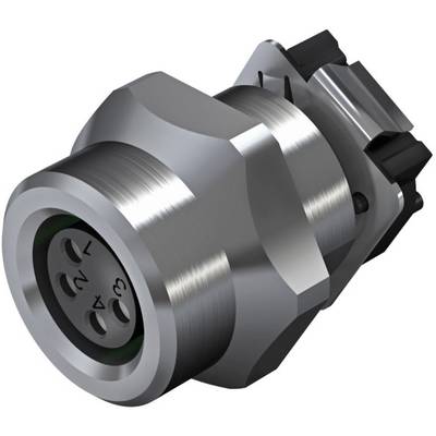 Metalowy, cylindryczny wtyk z czterema otworami do połączeń elektrycznych, o zwartej i solidnej budowie.