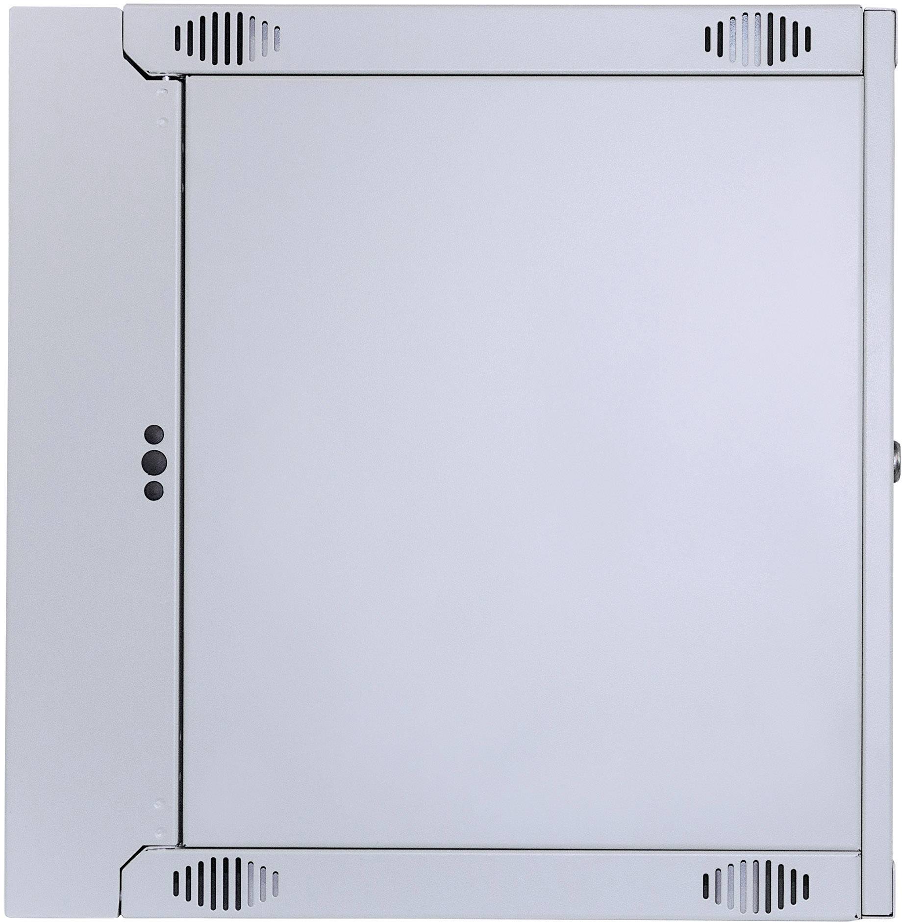 Metalowa wspornik ścienny z otworami wentylacyjnymi i trzema czarnymi przyciskami, odpowiedni do urządzeń technicznych lub szaf sterowniczych.