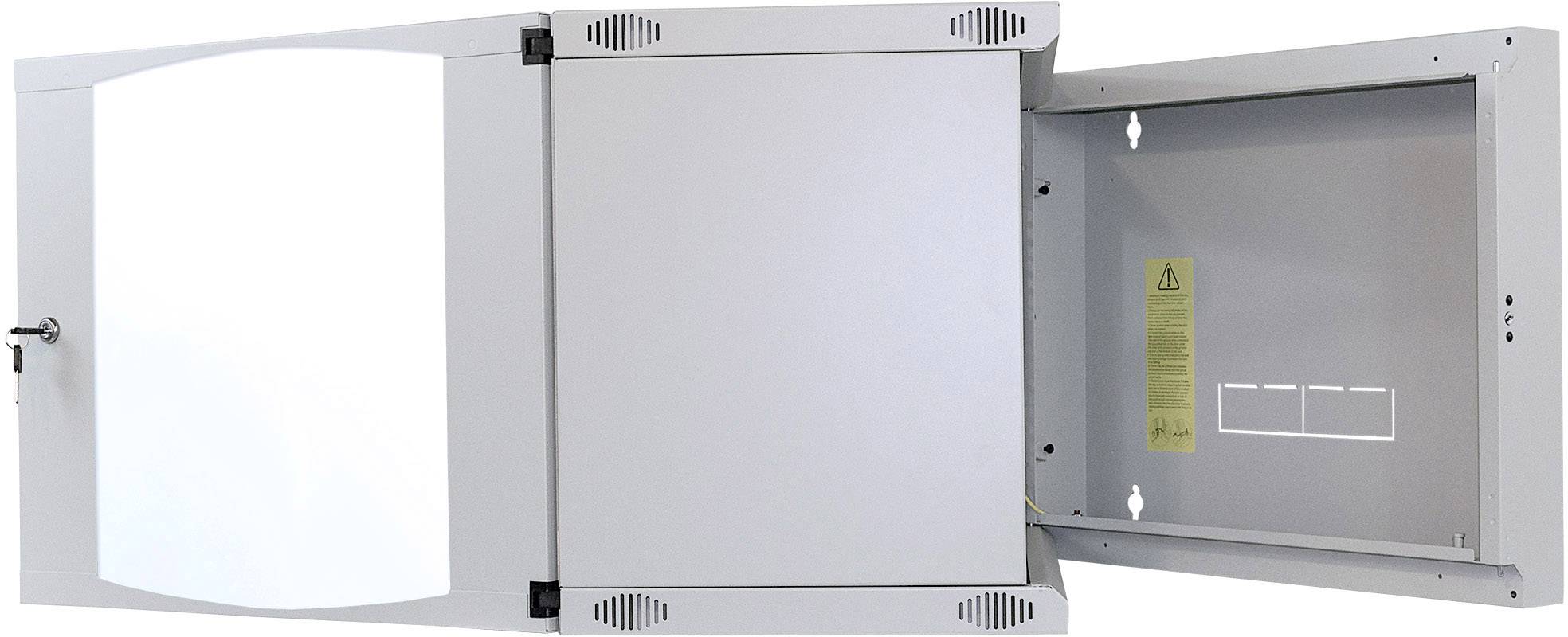 Szary metalowy sejf z otwartymi drzwiami, ukazujący wnętrze z żółtym ostrzeżeniem. Dziurka od klucza widoczna na lewych drzwiach.