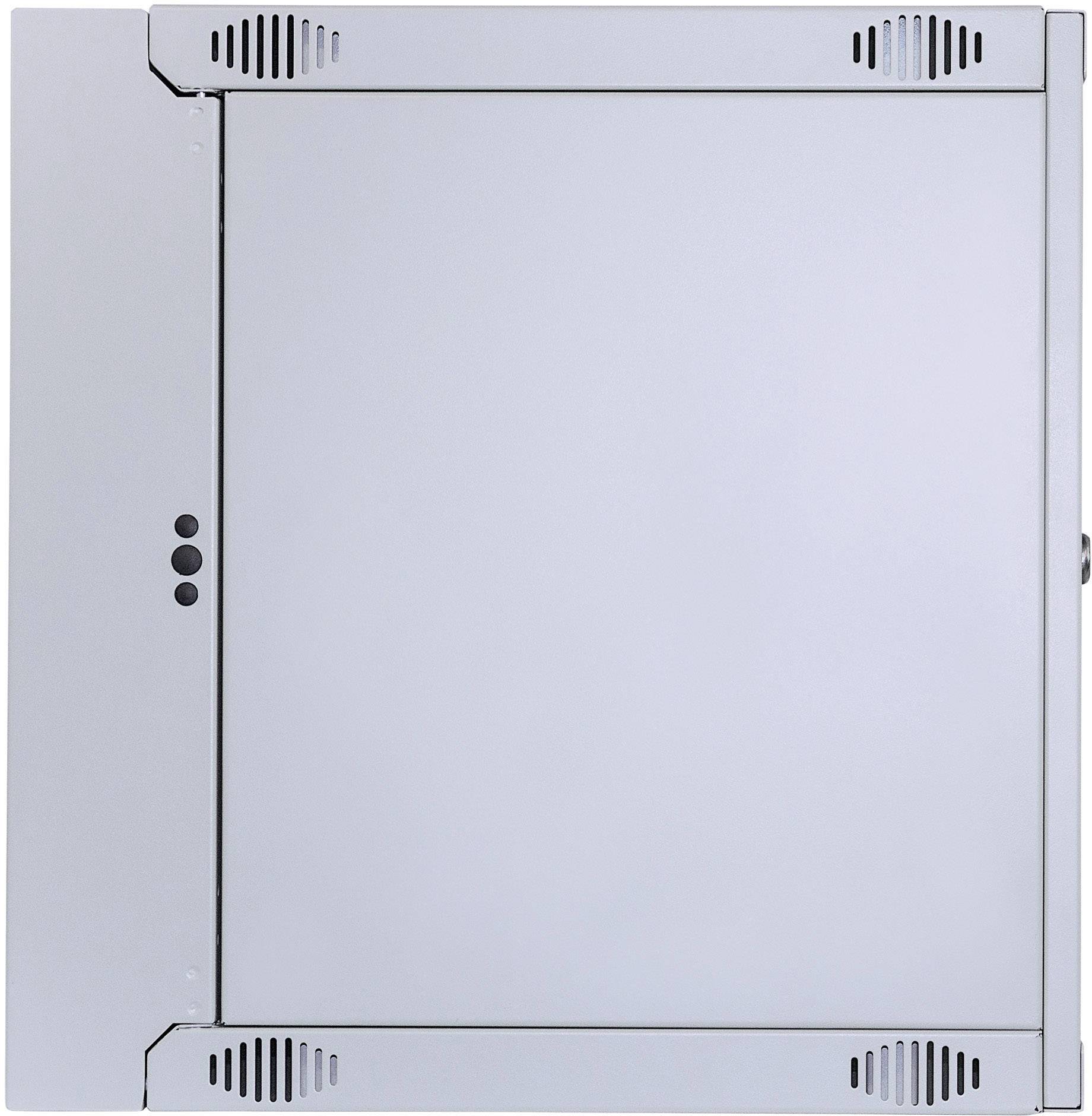 Szara szafka metalowa z otworami wentylacyjnymi, odpowiednia do przechowywania urządzeń elektrycznych lub sprzętu sieciowego.