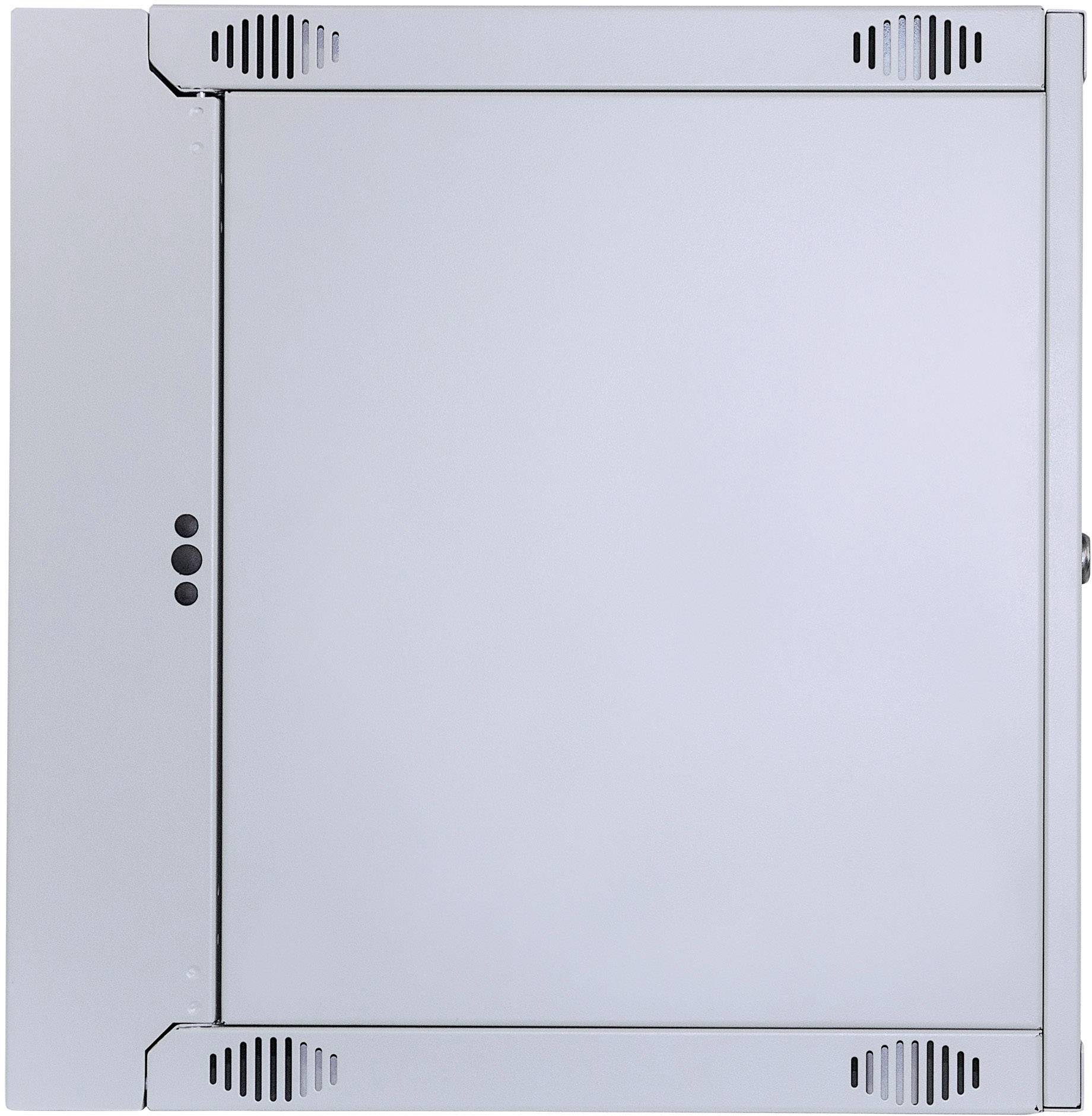 Szafa metalowa z otworami wentylacyjnymi oraz trzema czarnymi przyciskami po lewej stronie.