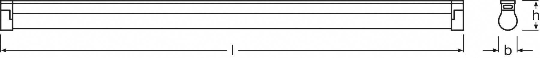 Schemat świetlówki z wymiarami. Długość zaznaczona jest poziomą linią z podwójnymi strzałkami. W górnym prawym rogu symbol żarówki.
