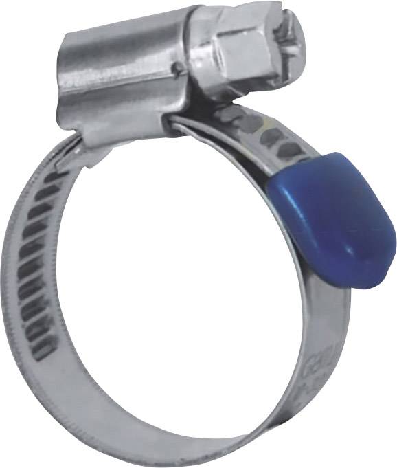 Metalowa opaska zaciskowa ze śrubą i niebieskim uchwytem ochronnym. Przeznaczona do mocowania przewodów na złączach.