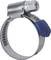 Metalowa opaska zaciskowa ze śrubą i niebieskim uchwytem ochronnym. Przeznaczona do mocowania przewodów na złączach.