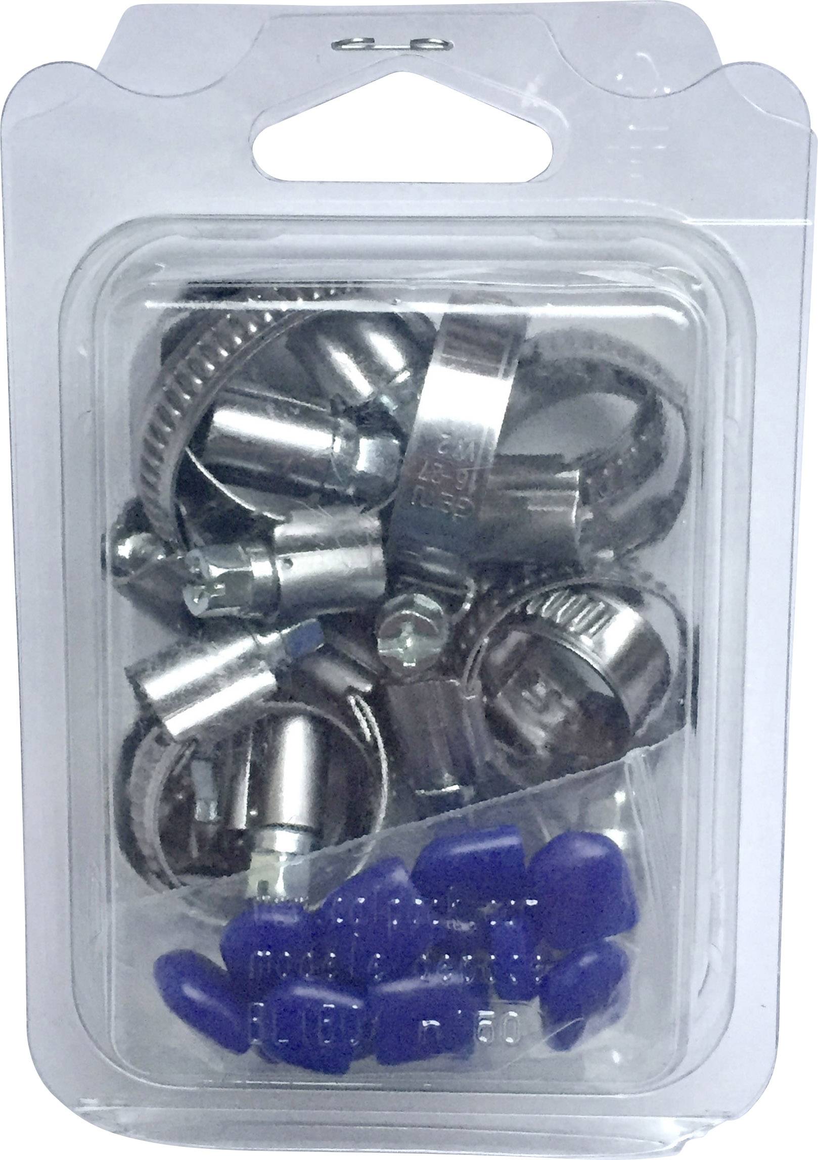 Przezroczyste opakowanie plastikowe z metalowymi opaskami zaciskowymi i niebieskimi złączkami kablowymi. Zawiera różne rozmiary.