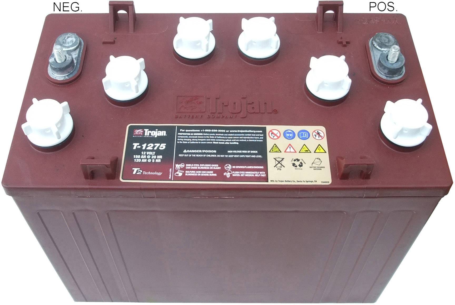 'Bateria sześciogniazdowa, z oznaczonymi biegunami dodatnimi i ujemnymi. Trojan T-1275, z widocznymi symbolami technologicznymi i ostrzegawczymi.'