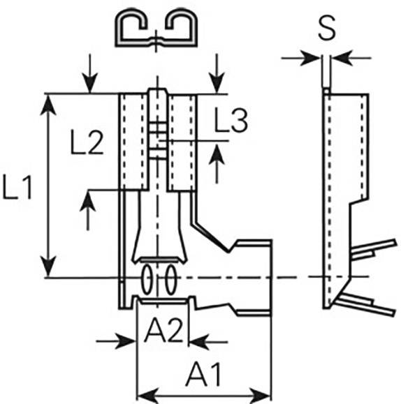 Rysunek techniczny wtyczki z wymiarami: L1, L2, L3, A1, A2 oraz S. Przedstawia widok boczny i czołowy.