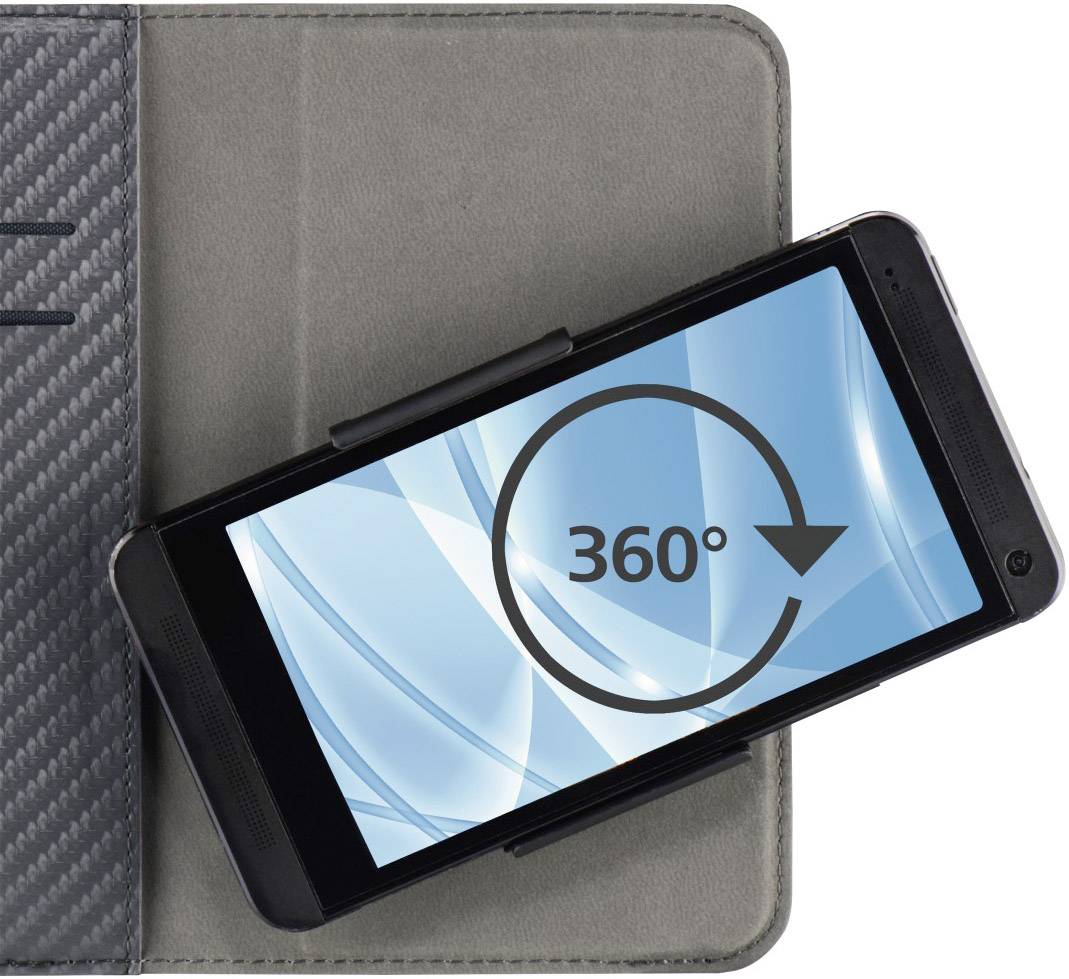 Smartfon w etui wyświetla ekran z obracającym się symbolem strzałki 360 stopni na niebieskim tle.