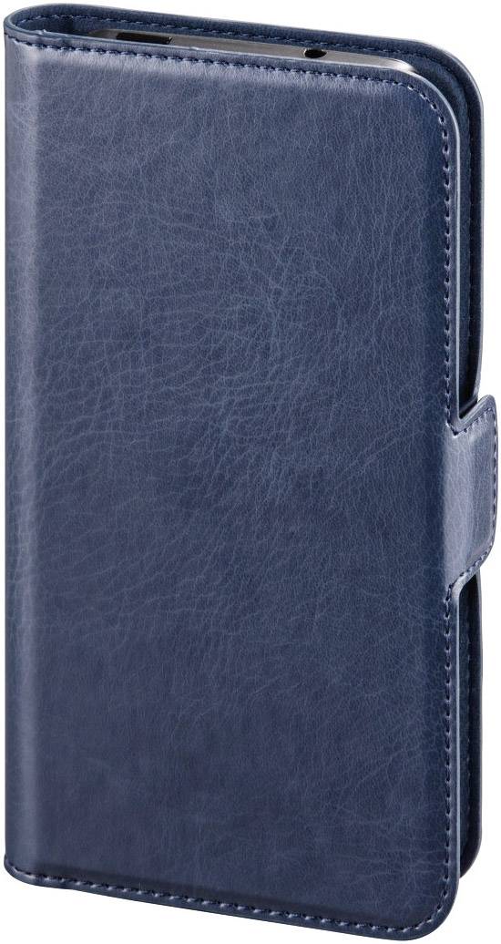 Niebieska skórzana saszetka na smartfona w widoku zamkniętym, z zapięciem klapkowym po prawej stronie, o prostym designie pozbawionym jakichkolwiek ozdób.