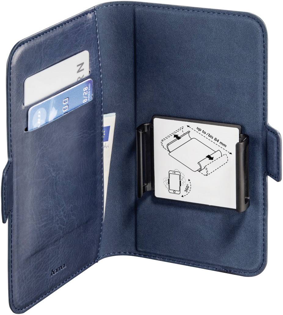Otwarta niebieska portmonetka z przegródkami na karty i instrukcją obsługi uchwytu na telefon.