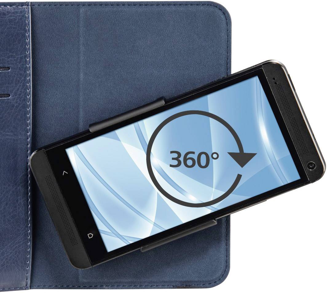 Smartfon w niebieskim etui, wyświetlający ekran z symbolem 360 stopni, prawdopodobnie wskazujący na funkcję obracania.