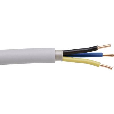 Przewód elektryczny z trzema izolowanymi przewodami: czarnym, niebieskim i żółto-zielonym.