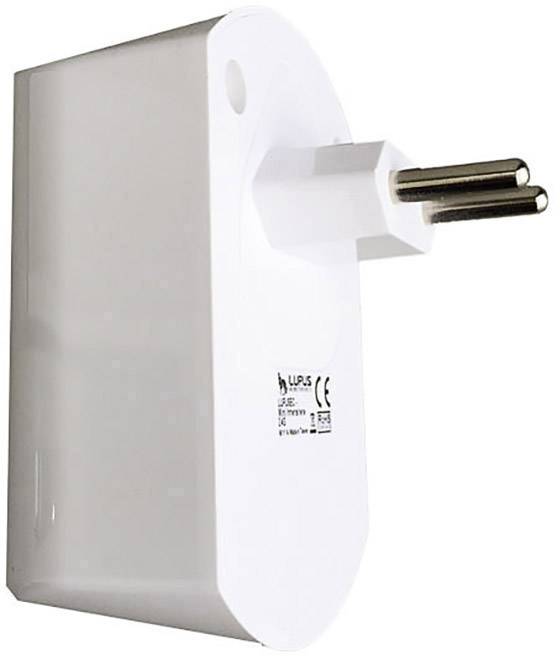 Biały, prostokątny adapter wtyczkowy z dwoma okrągłymi stykami i oznaczeniami technicznymi na boku.