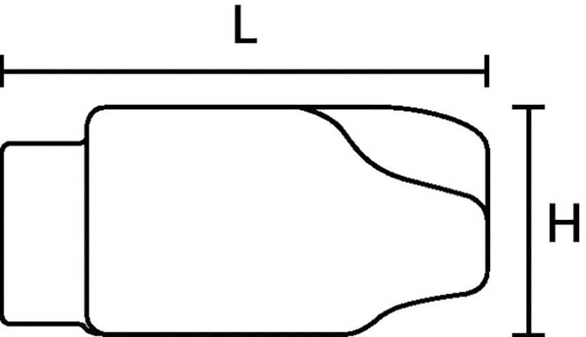 Schemat elementu pojazdu z zaznaczonymi wymiarami 'L' (długość) i 'H' (wysokość), przedstawiający zewnętrzne kontury.