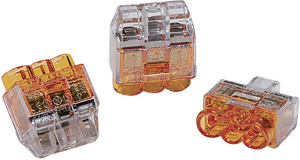 Trzy przezroczyste, pomarańczowe wózki z tworzywa sztucznego z różnymi gniazdami do łączenia kabli. Idealne do instalacji elektrycznych.