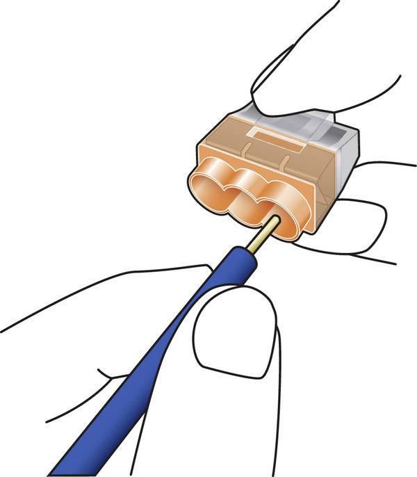 Ręka trzyma niebieski długopis i wskazuje na trójstykowy złącz elektryczny, który służy do połączenia elektrycznego.
