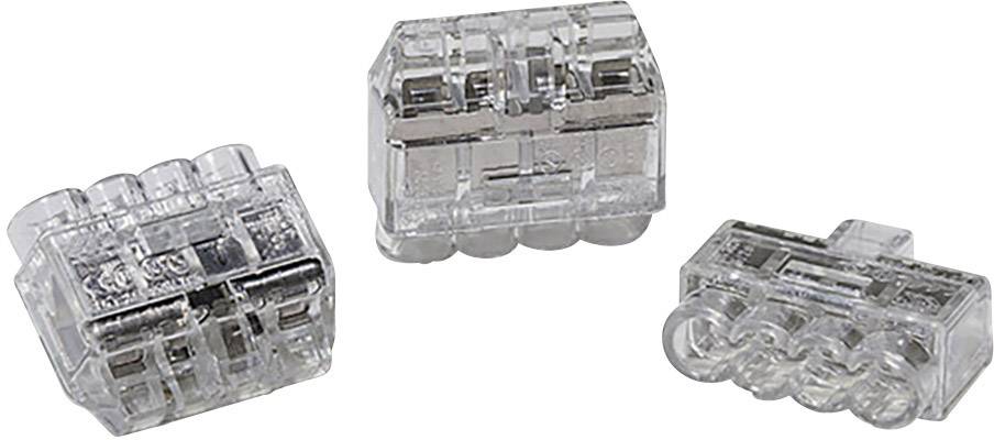 Trzy przezroczyste złącza, każde z kilkoma otworami przyłączeniowymi, służące do łączenia przewodów elektrycznych.