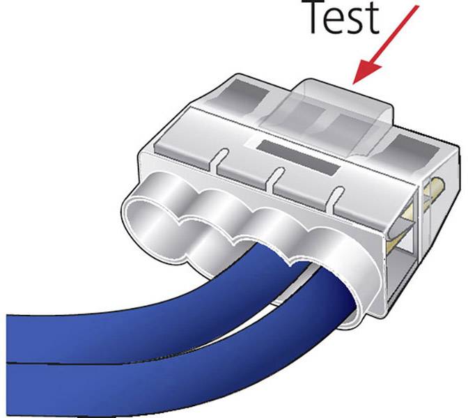 Ilustracja wtyczki elektrycznej z niebieskim przewodem. Czerwona strzałka wskazuje zaznaczony obszar z napisem 'Test'.