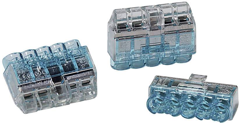 Trzy przezroczyste, niebieskie złącza elektryczne o różnych kształtach, stosowane do bezpiecznego łączenia przewodów.