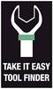 Lokalizator narzędzi 'Take It Easy' z białym symbolem klucza na czarnym tle, zielona wstęga wokół uchwytu.