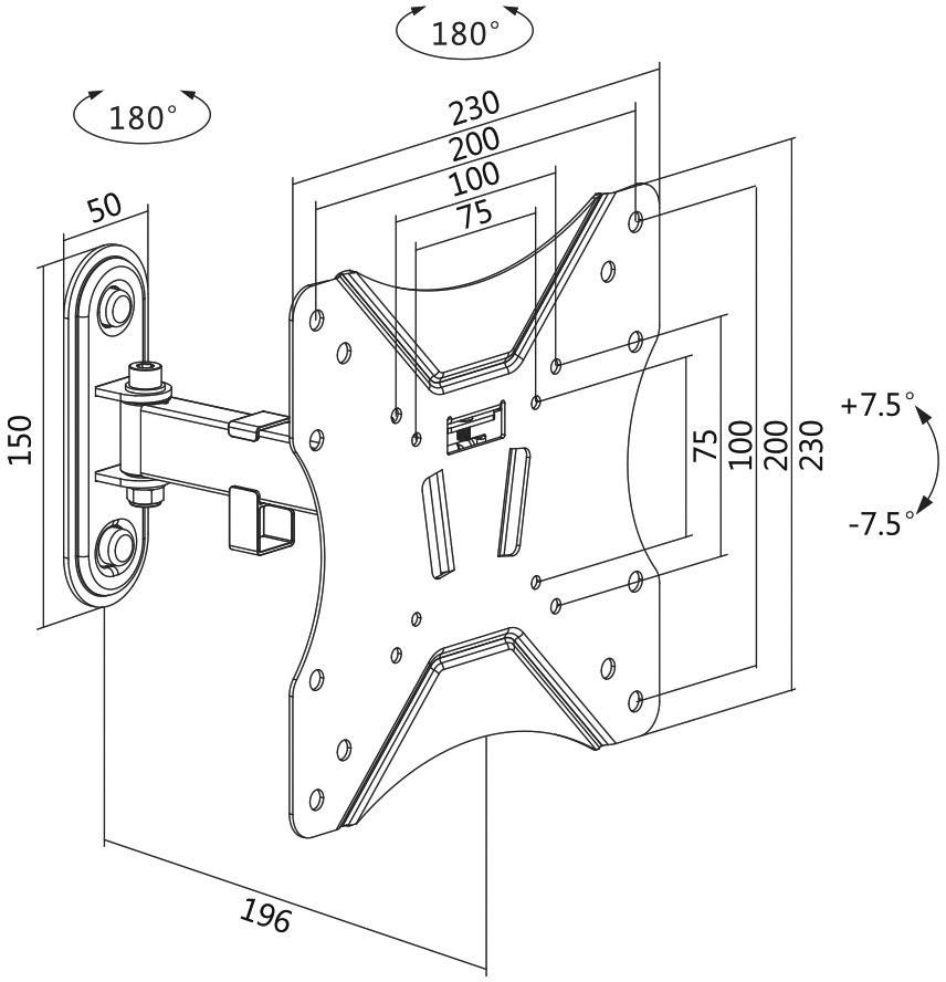 Instrukcja montażu uchwytu ściennego do telewizora z funkcją obracania: Wymiary 230x230 mm, zakres obrotu 180°, pochylenie ±7,5°, odległość od ściany 196 mm.