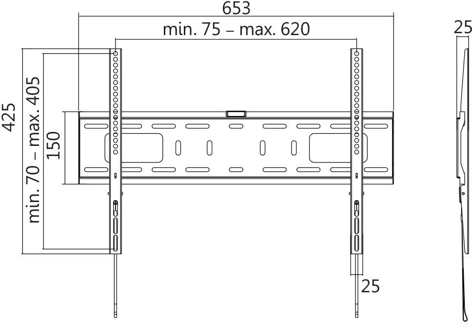Rysunek techniczny uchwytu ściennego do telewizora z podanymi wymiarami w milimetrach: szerokość 653, regulacja wysokości 70–405, głębokość boczna 25 mm.