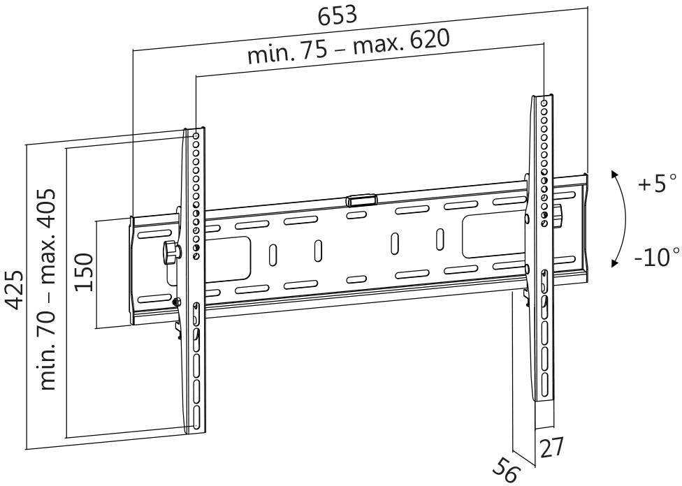 Rysunek techniczny uchwytu ściennego do telewizora z regulowanym kątem pochylenia i wymiarami: szerokość 653 mm, wysokość 425 mm, pochylenie od +5° do -10°.