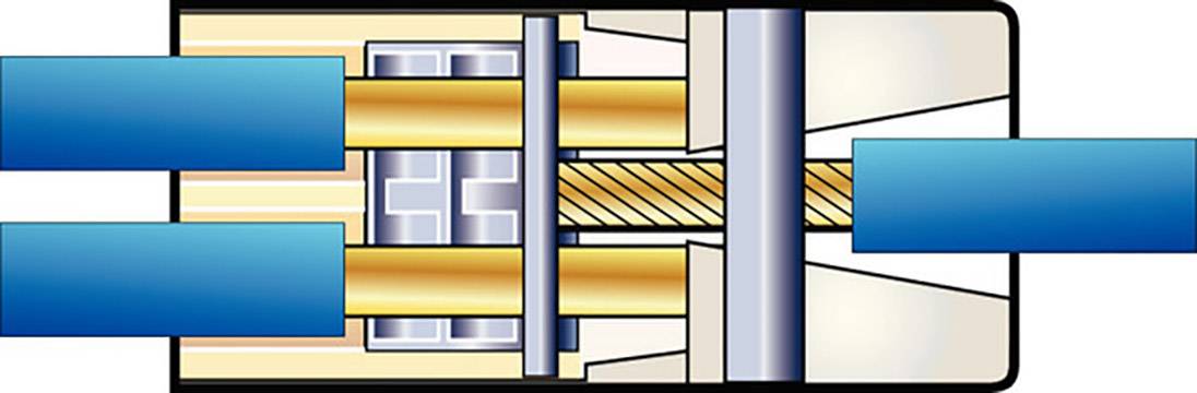 Przekrój złącza przedstawia różne warstwy i komponenty, w tym materiały przewodzące i izolacyjne.
