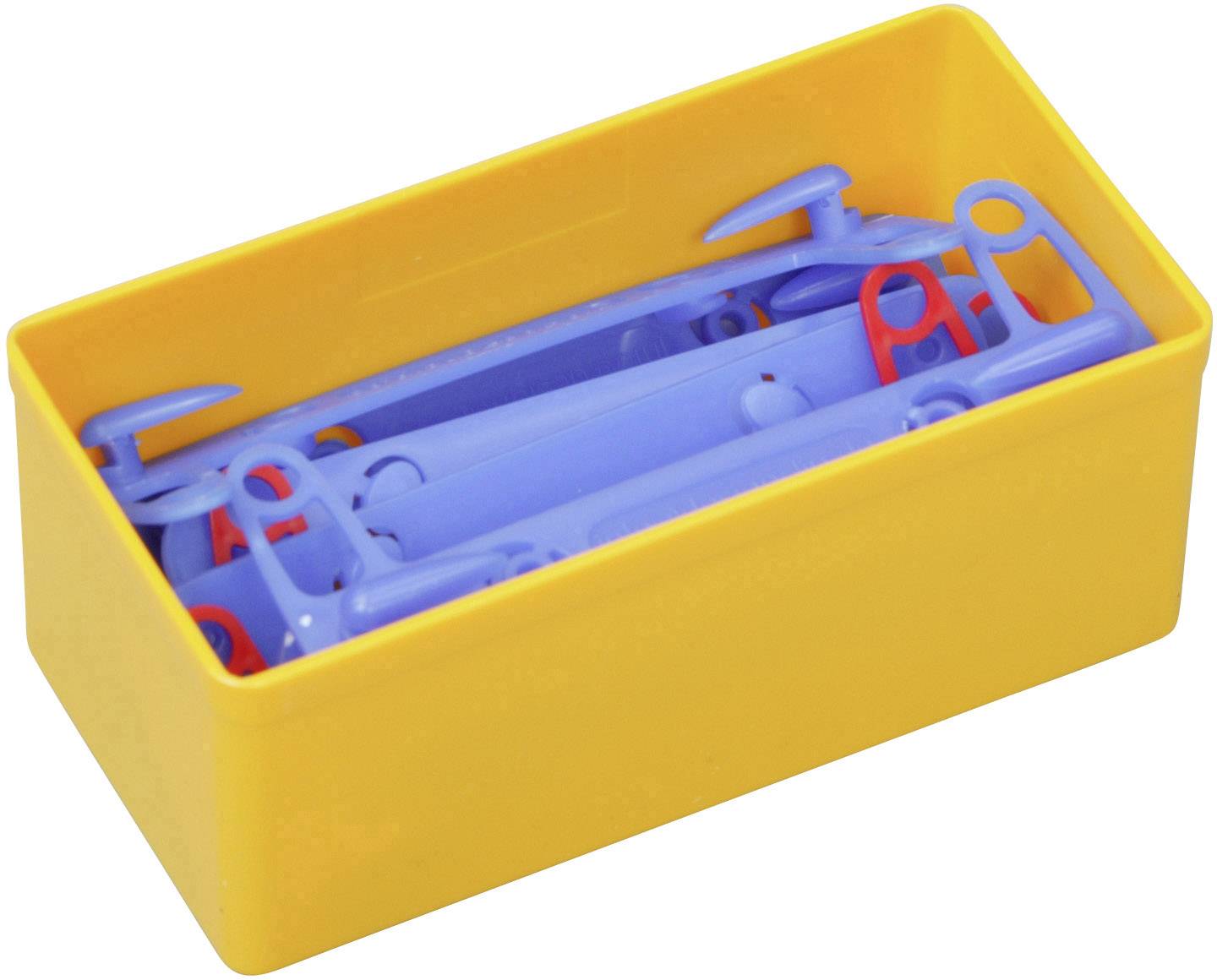 Żółte pudełko z wieloma niebieskimi i czerwonymi plastikowymi zatrzaskami. Takie zatrzaski są często używane do zamykania toreb.